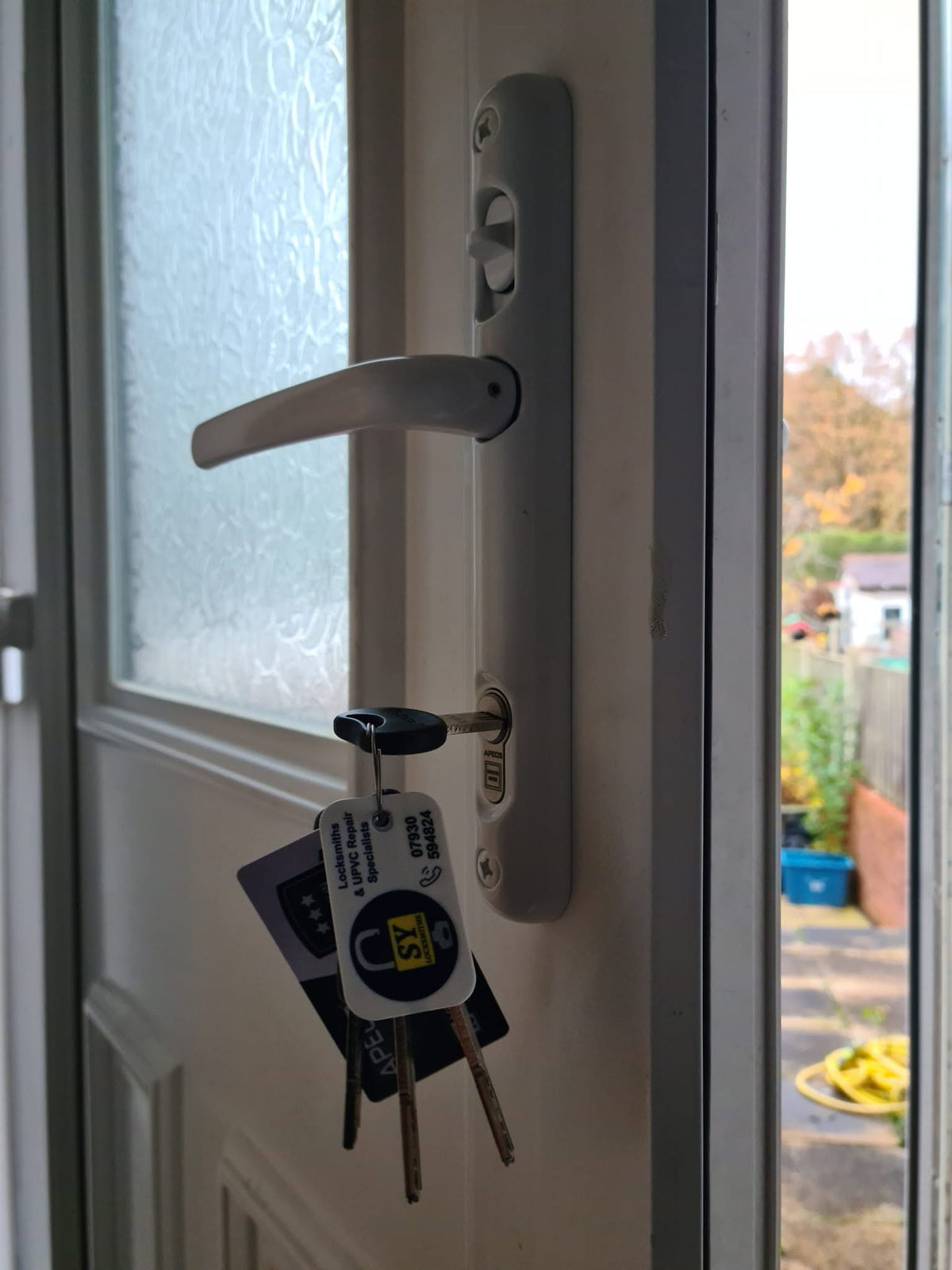 Burglary repaired with anti snap lock and high security white door handles 