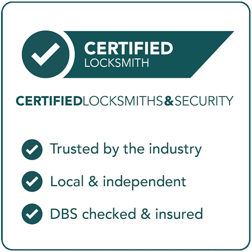 A badge for Certified Locksmiths and Security members featuring a dark teal banner with a white checkmark and text, plus three bullet points below on a white background with a thin teal border.