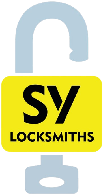 SY Locksmiths Logo in yellow with black font shaped like a padlock