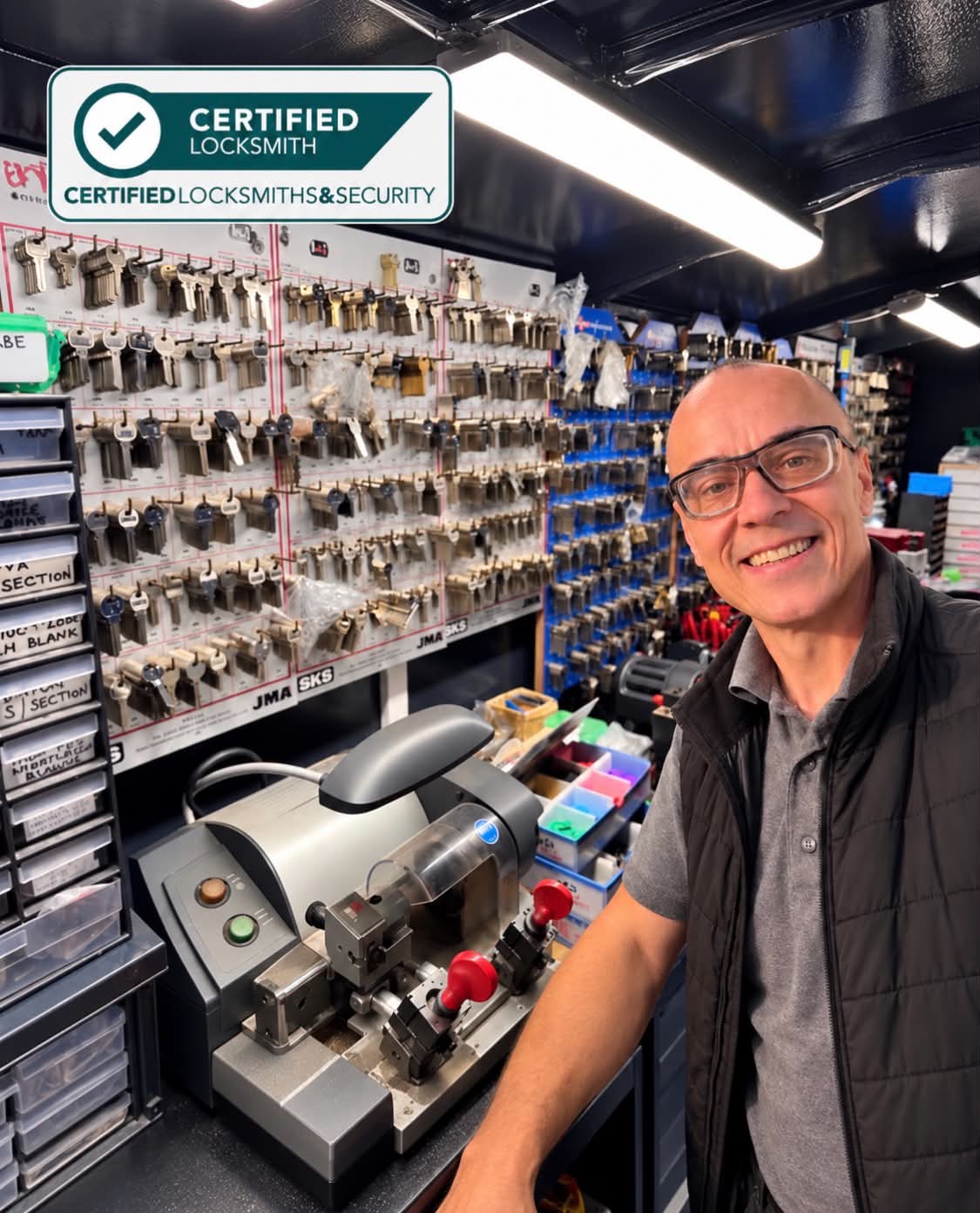 Steve Yeoman owner of SY locksmiths stood next to key machine and key blanks